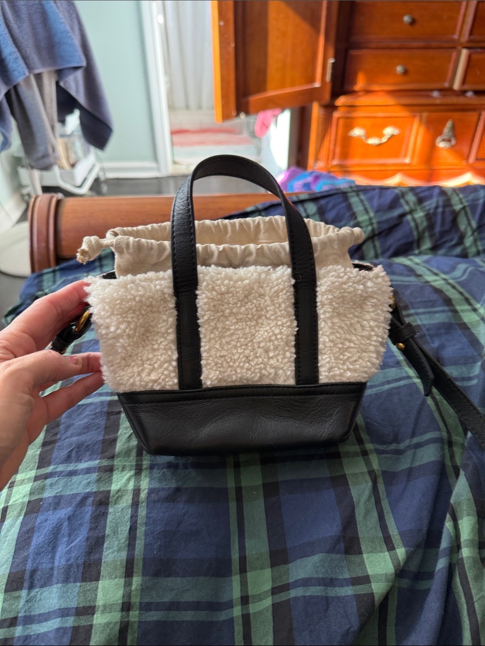 J. Crew Cream Sherpa Mini Tote with Black Trim